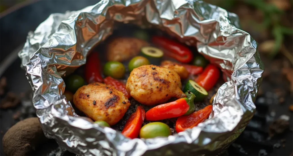 Foil pack with juicy chicken, zucchini, and bell peppers cooked over hot coals