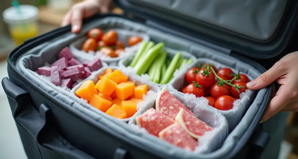 Insulated container and ice packs for safely storing meals