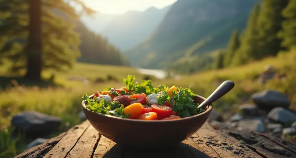 Camping scene with a fresh salad bowl on a wooden table and a scenic background