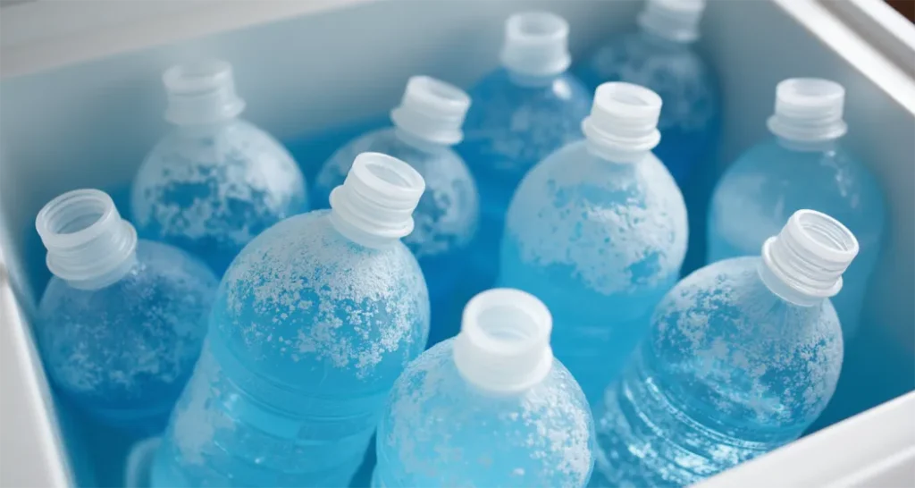 Frozen water bottles placed inside a cooler