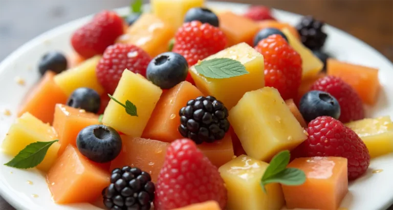 Refreshing fruit salad with honey lime dressing, served in a camping bowl