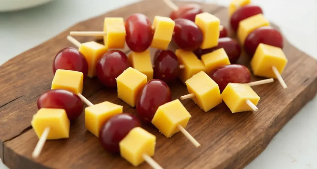 Grapes and cheddar cheese skewers arranged on a wooden platter