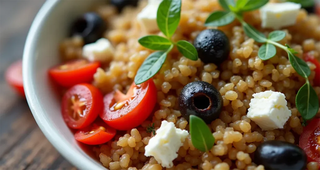 A close-up shot of a quinoa-based grain bowl with red peppers, tomatoes, olives, and feta cheese