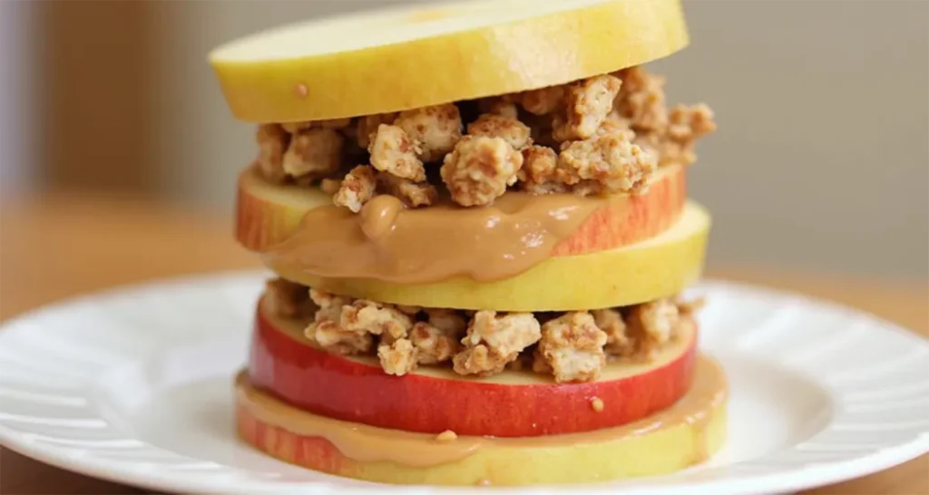 Crunchy apple sandwich with peanut butter and granola, a quick and portable camping breakfast