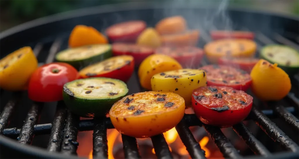 Zucchini and bell peppers grilling on a portable camping grill