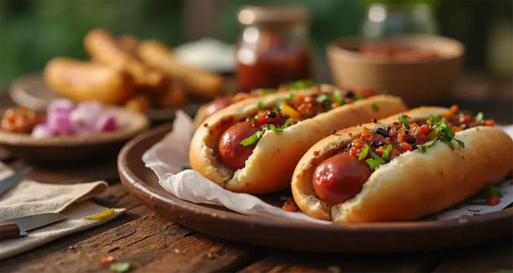 Grilled hot dog with toppings like chili, onions, and shredded cheese