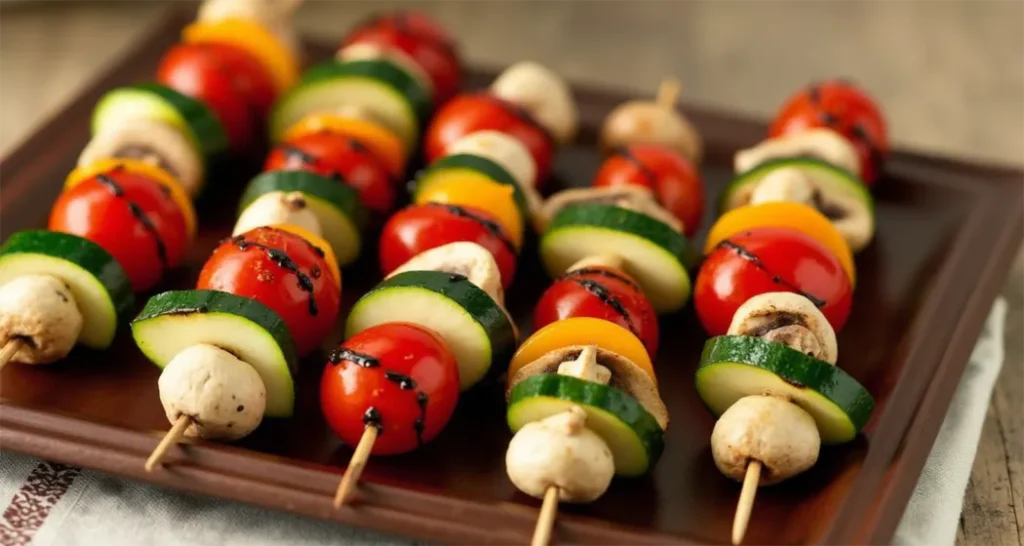 Zucchini, cherry tomatoes, and mushrooms on skewers, grilled to perfection