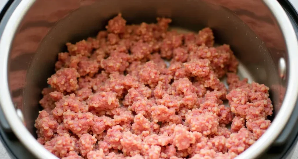 Ground beef browning in a pot for one-pot chili