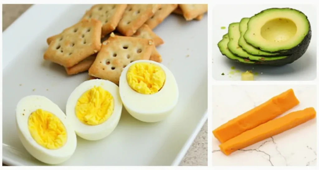 Collage of hard-boiled eggs paired with crackers, avocado slices, and cheese