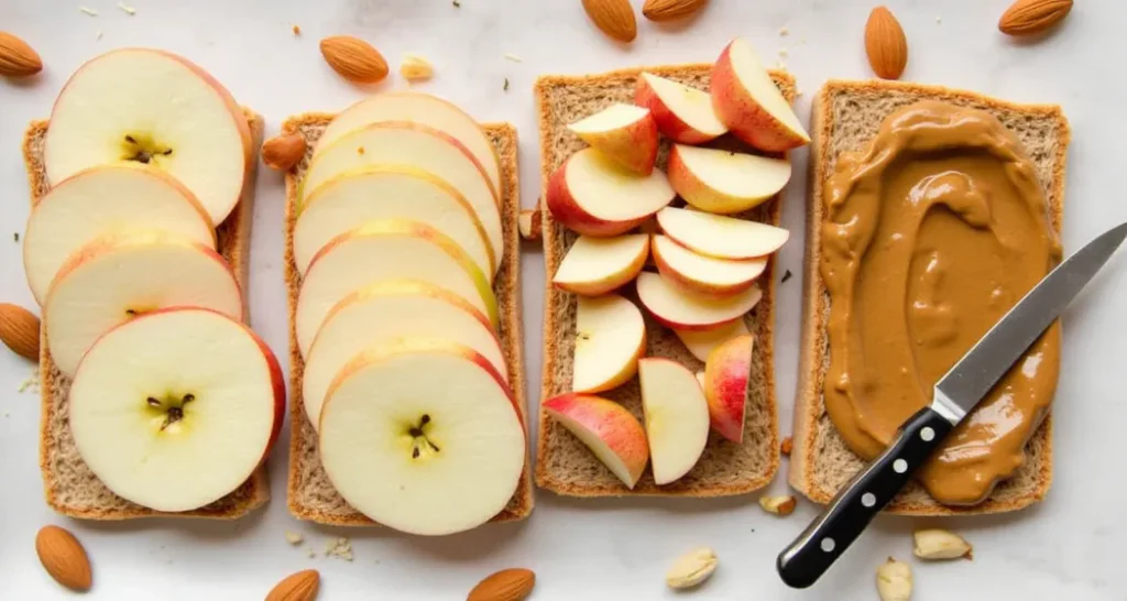 No-cook camping snack with sliced apple and almond butter in single-serving packs