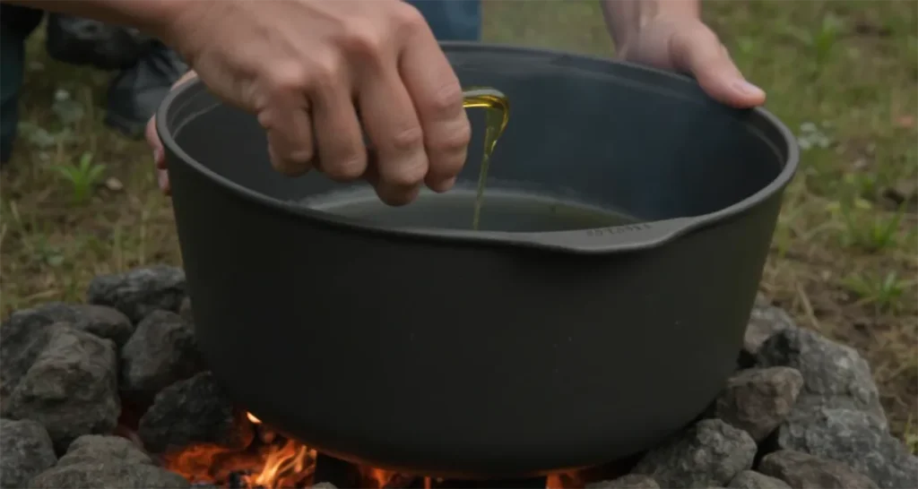 Heating olive oil in a Dutch oven over a campfire