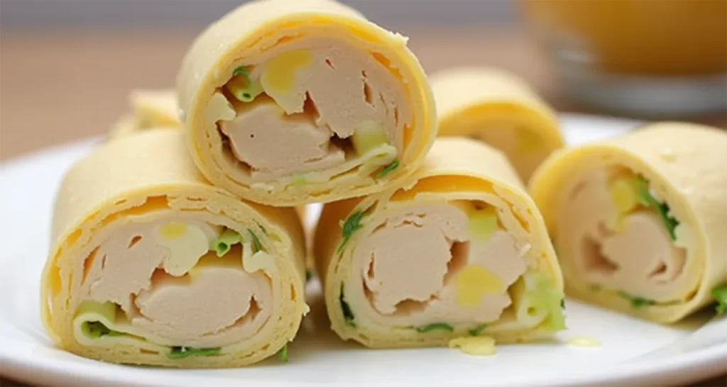 Turkey and cheese roll-ups on a plate with fresh lettuce