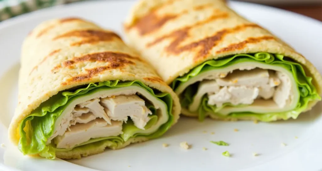 Grilled chicken Caesar wrap with lettuce and Parmesan in a tortilla