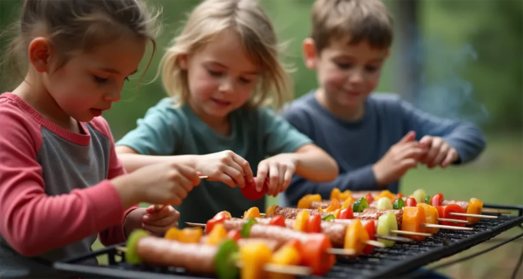 Kids threading kabobs with vegetables and sausage at a campsite