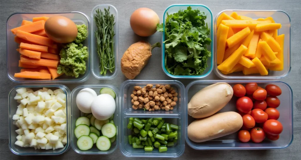 Prepped ingredients for kid-friendly camping meals in organized containers