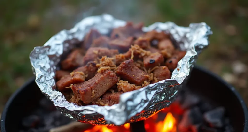 Foil packets of pulled pork reheating over campfire coals