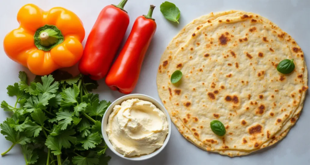 A flat lay of hummus and veggie wrap ingredients, including cucumbers, bell peppers, carrots, and spinach