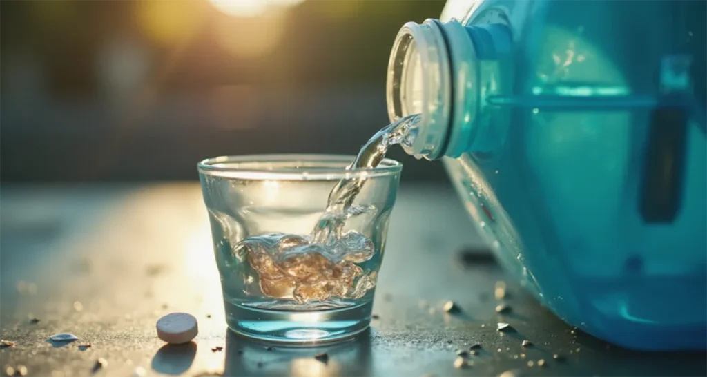 Electrolyte tablet dissolving in a clear glass of water