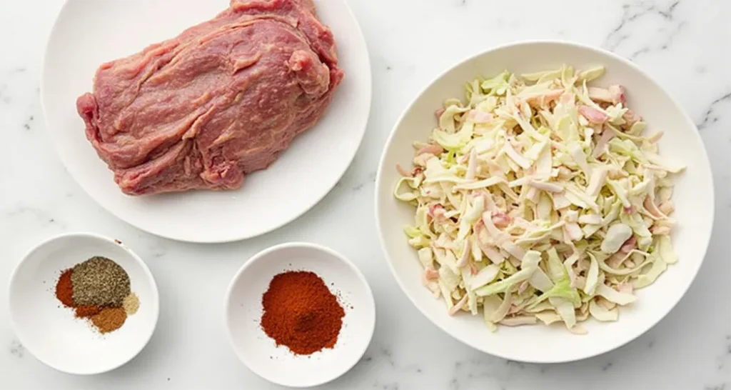 Ingredients for BBQ Pulled Pork Sandwiches, including pork shoulder, spices, and shredded cabbage