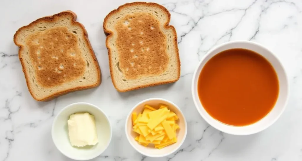 Ingredients for grilled cheese sandwiches: sourdough bread, cheddar cheese, butter, and tomato soup