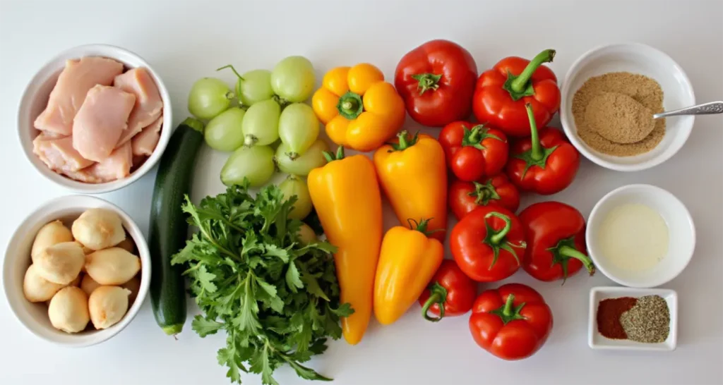 Fresh ingredients for foil pack chicken and veggies: chicken breasts, zucchini, bell peppers, tomatoes, and seasoning mix