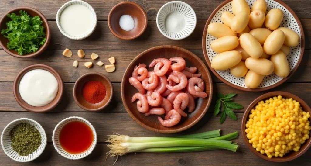 Ingredients for Shrimp Boil Foil Packets including shrimp, andouille sausage, baby potatoes, corn on the cob, Old Bay seasoning, garlic, and butter