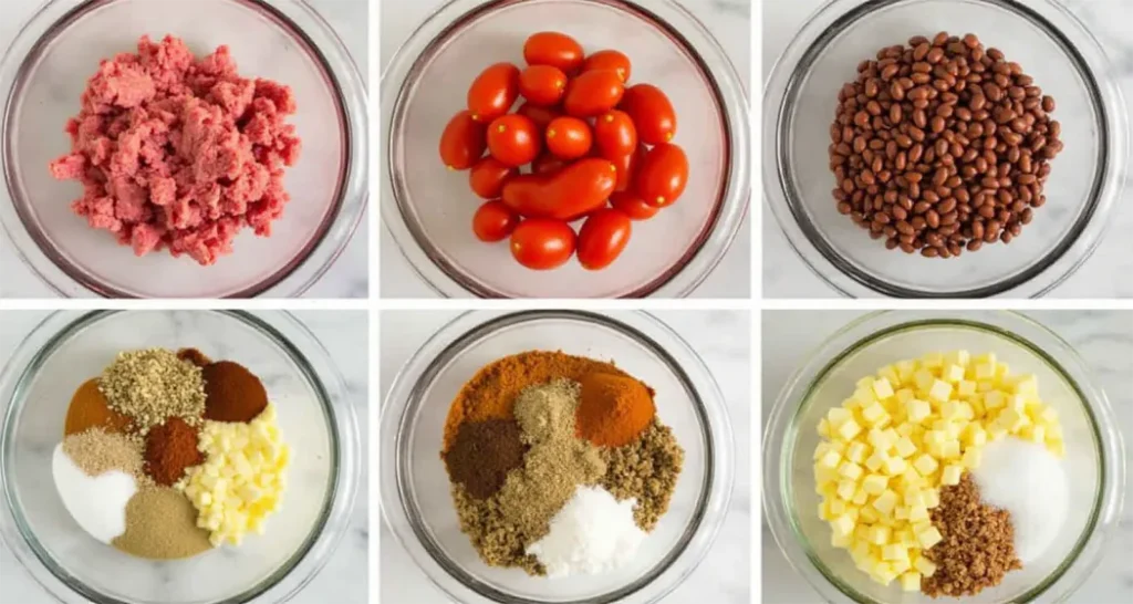 Ingredients for one-pot chili, including ground beef, beans, diced tomatoes, and spices