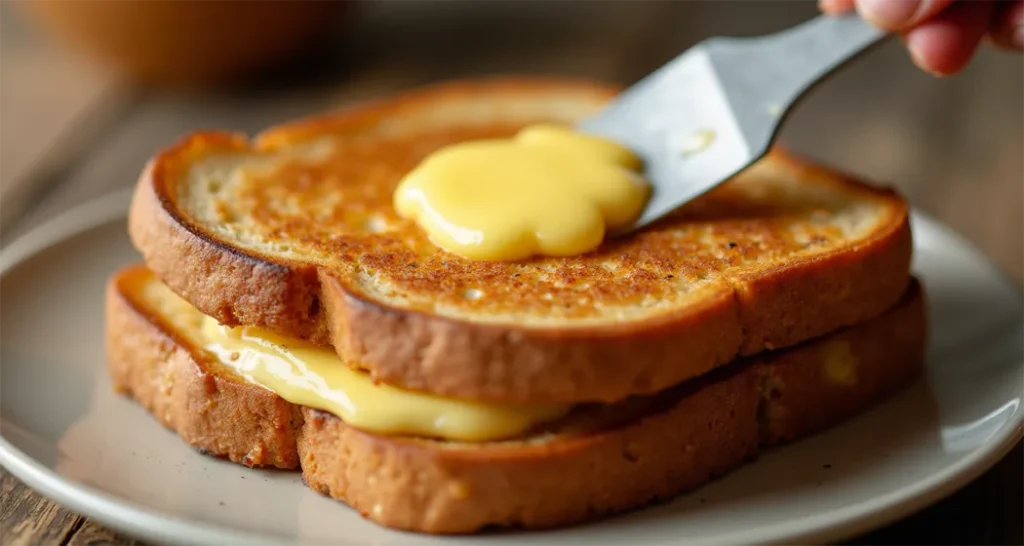 Butter being spread on sourdough bread for a grilled cheese sandwich