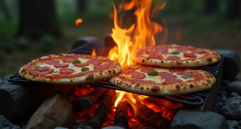 Campfire scene with mini pizzas and quesadillas cooking on a grill over glowing embers