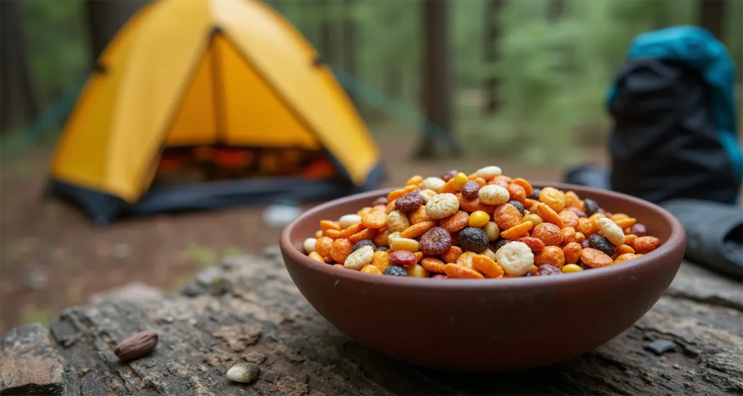 Trail mix with nuts, dried fruit, and seeds displayed on a camping table in the wilderness