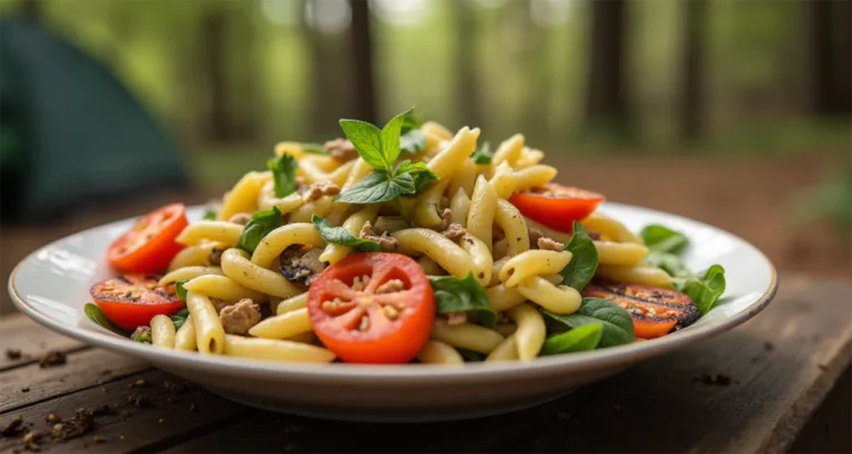 completed pasta salad served outdoors, with grilled vegetables visible and a rustic campsite setting in the background