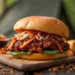 BBQ Pulled Pork Sandwich with coleslaw served outdoors on a camping table