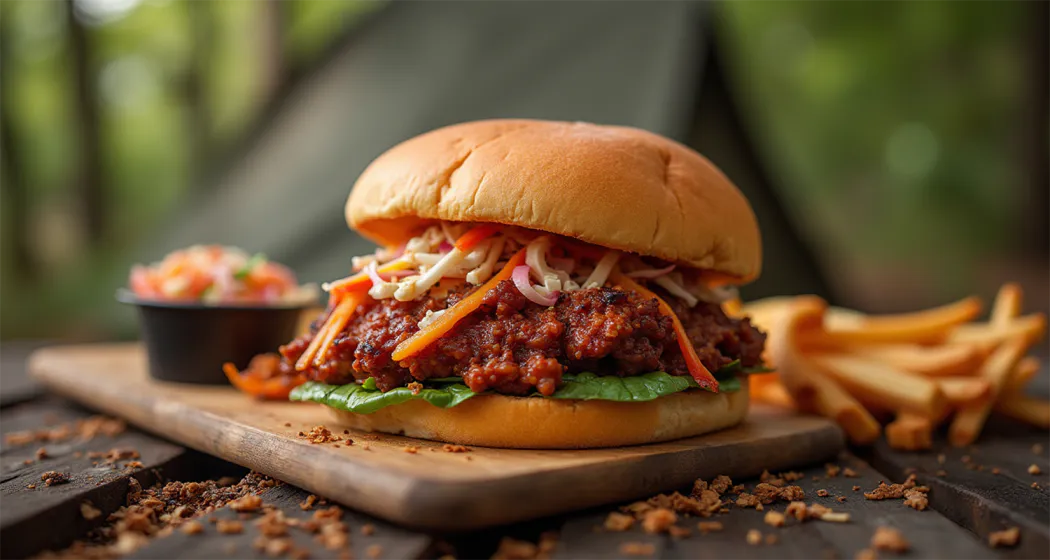 BBQ Pulled Pork Sandwich with coleslaw served outdoors on a camping table