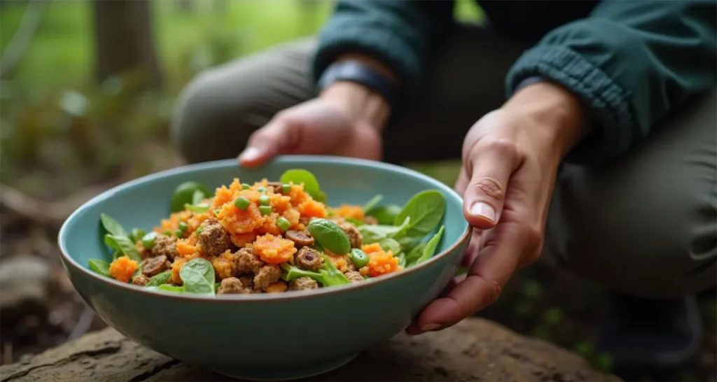 A hero image of a camper preparing food in the wilderness, highlighting a colorful, high-protein salad or bowl