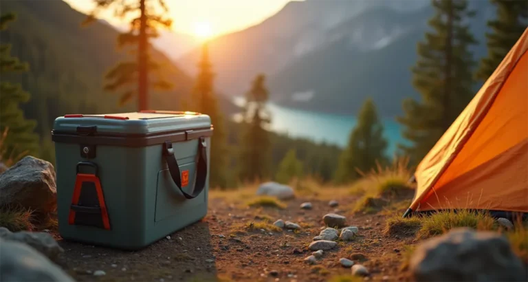 photo of a well-packed cooler in a picturesque camping setting.