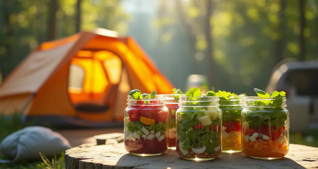 Camping table with colorful layered salads in jars surrounded by nature