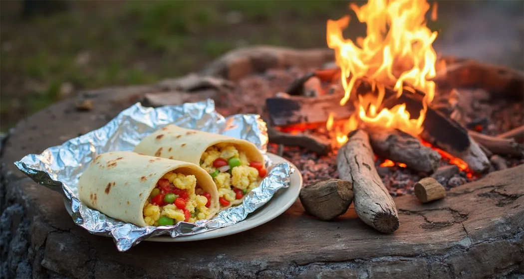 Campfire breakfast setup with foil-wrapped make-ahead breakfast burritos