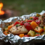 Freshly cooked foil pack chicken and vegetables garnished with herbs on a camping table