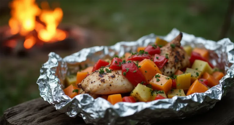 Freshly cooked foil pack chicken and vegetables garnished with herbs on a camping table