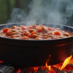 One-pot chili cooking over a campfire with vibrant toppings