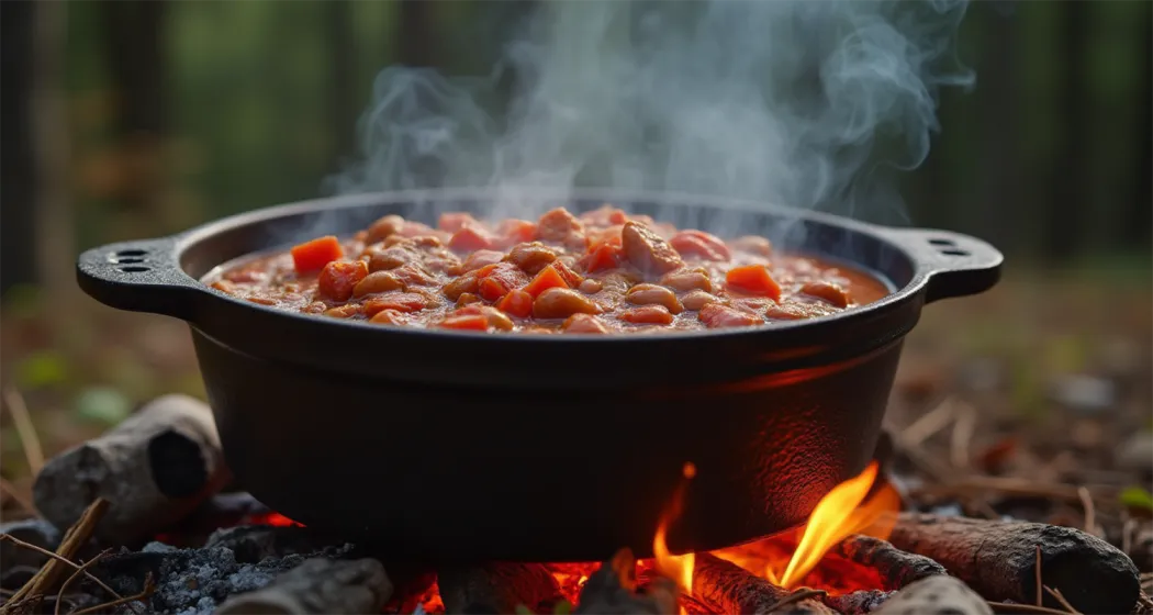 One-pot chili cooking over a campfire with vibrant toppings