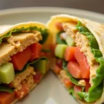 A vibrant No-Cook Hummus and Veggie Wrap filled with fresh spinach, cucumbers, carrots, and creamy hummus