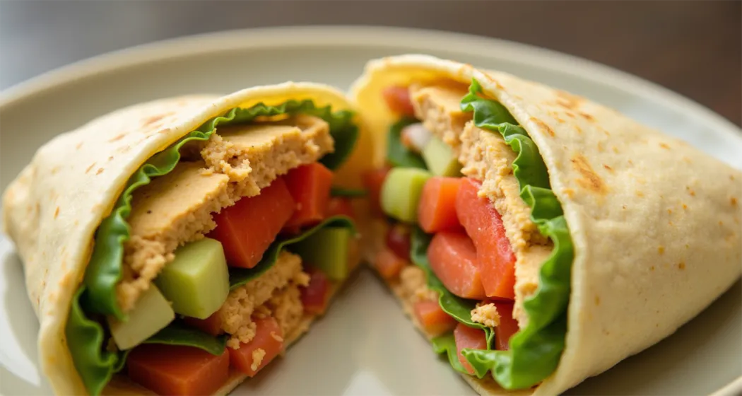 A vibrant No-Cook Hummus and Veggie Wrap filled with fresh spinach, cucumbers, carrots, and creamy hummus