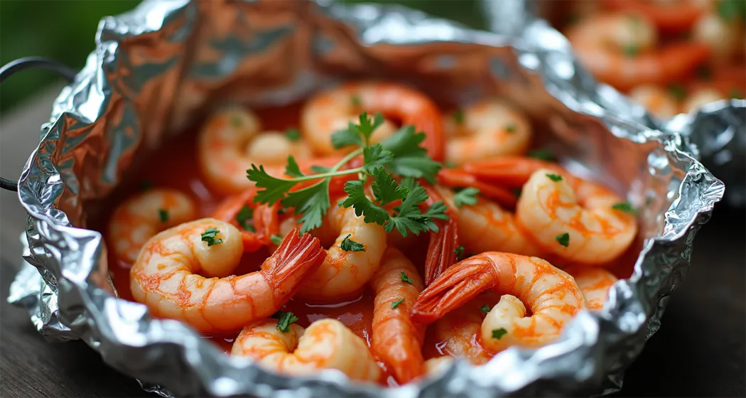 Shrimp Boil Foil Packets served on a rustic wooden table with a campfire in the background