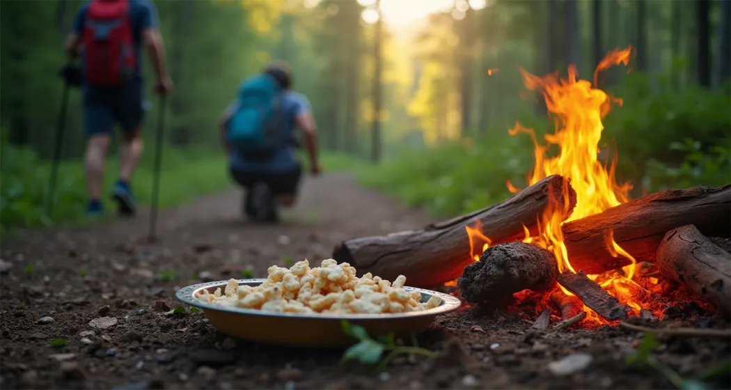 A hiker enjoying snacks while sitting by a campfire surrounded by trees