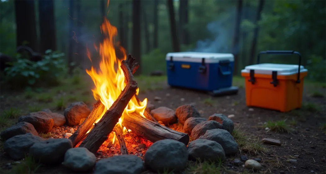 A scenic campsite with a campfire, cooler, and camping meals on a wooden table under a forest canopy