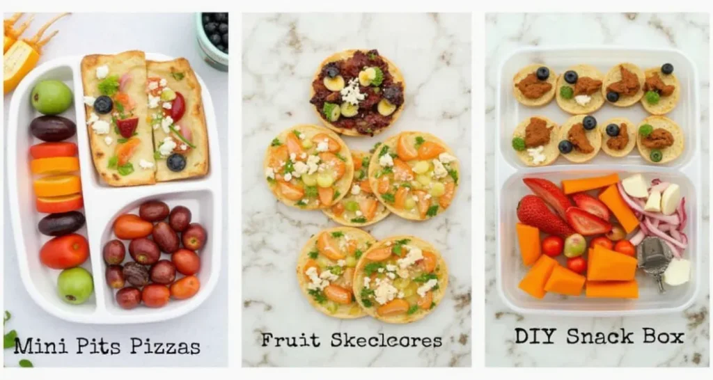 mini pita pizzas, fruit skewers, and snack boxes, ideal for young campers