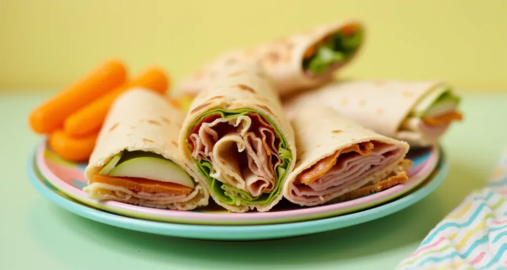 Kid-friendly camping wraps and sandwiches: PB&J roll-ups, ham and cheese pita pockets, and turkey and apple sandwiches