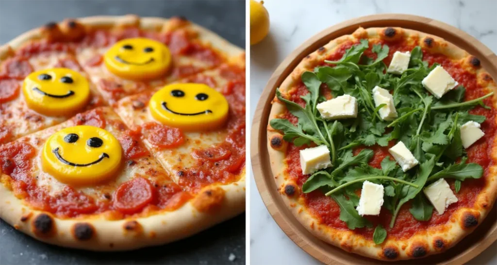 Kid-friendly mini pizza with a smiley face made from pepperoni and olives