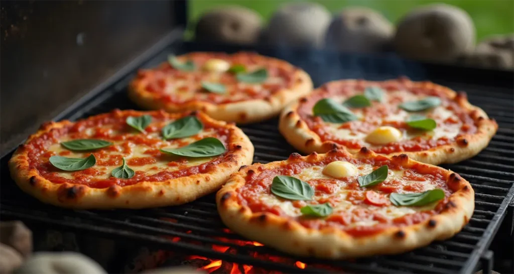 Pita pizzas cooking on a campfire grate with melted cheese and pepperoni